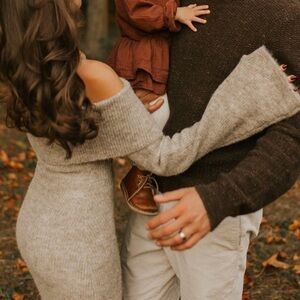 Baxter - Off Shoulder Fluffy Knit Midi Dress - Taupe Marle